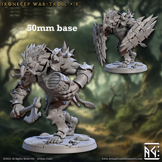 Image shows 3D renders of two sculpt options for a troll warrior gaming miniature.