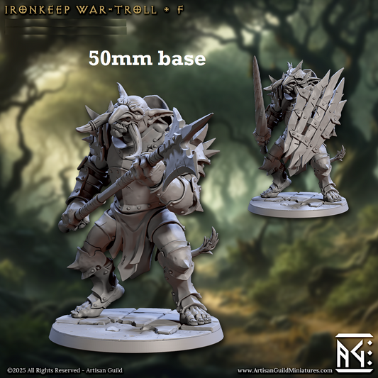 Image shows 3D renders of two sculpt options for a troll warrior gaming miniature.