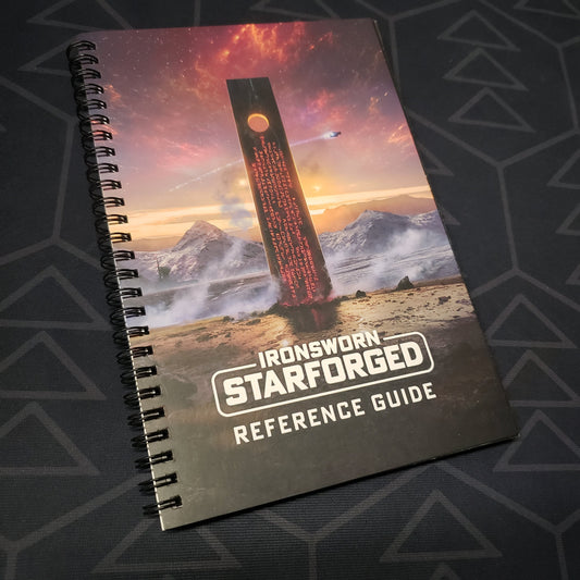 Image shows the front cover of the Reference Guide book for the roleplaying game Ironsworn: Starforged