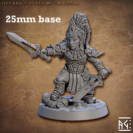 Image shows a 3D render of a gnome queen fighter gaming miniature.