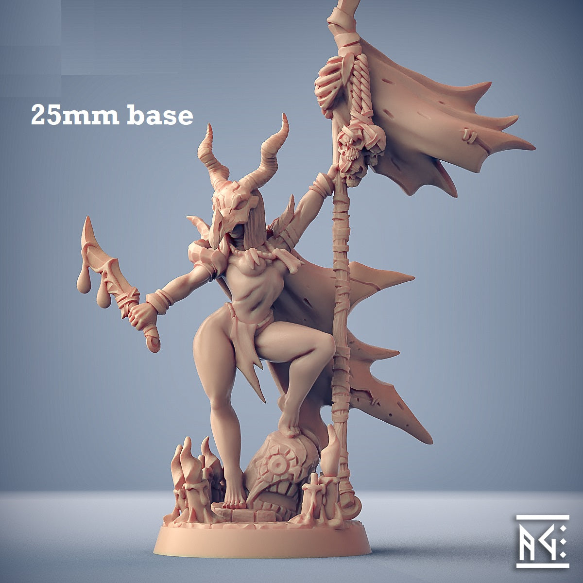 Image shows a 3D render of a human shaman gaming miniature wearing a kobold skull
