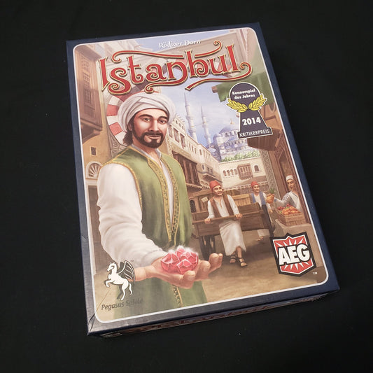 Image shows the front cover of the box of the Istanbul board game