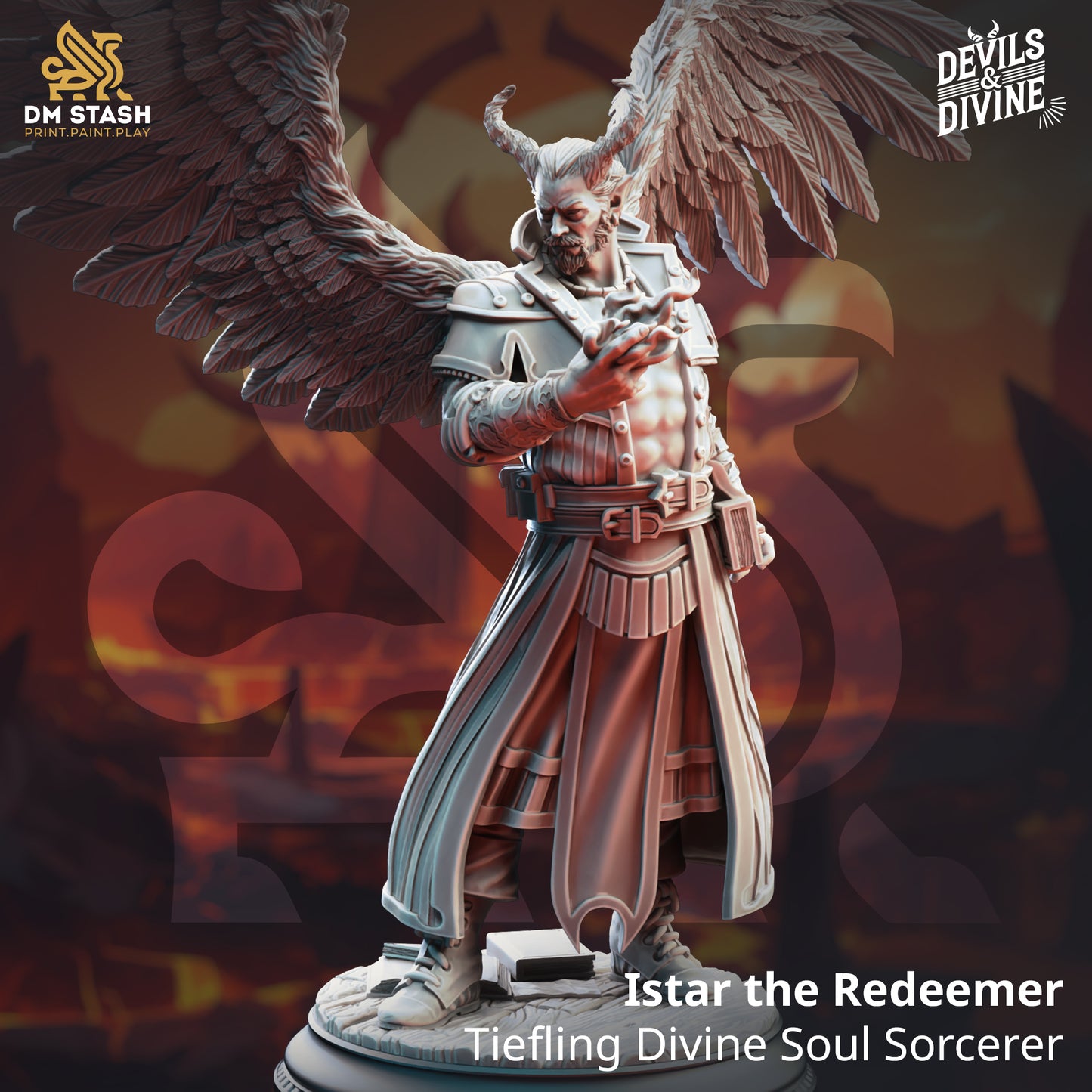 Image shows a 3D render of a winged tiefling sorcerer gaming miniature