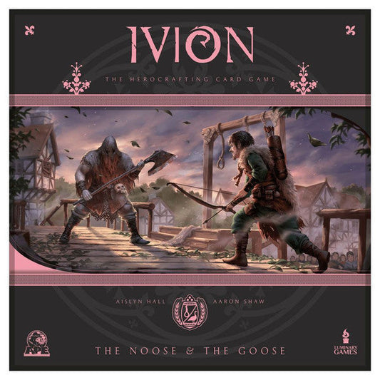 Image shows the front cover of the box for the card game Ivion: The Noose and The Goose