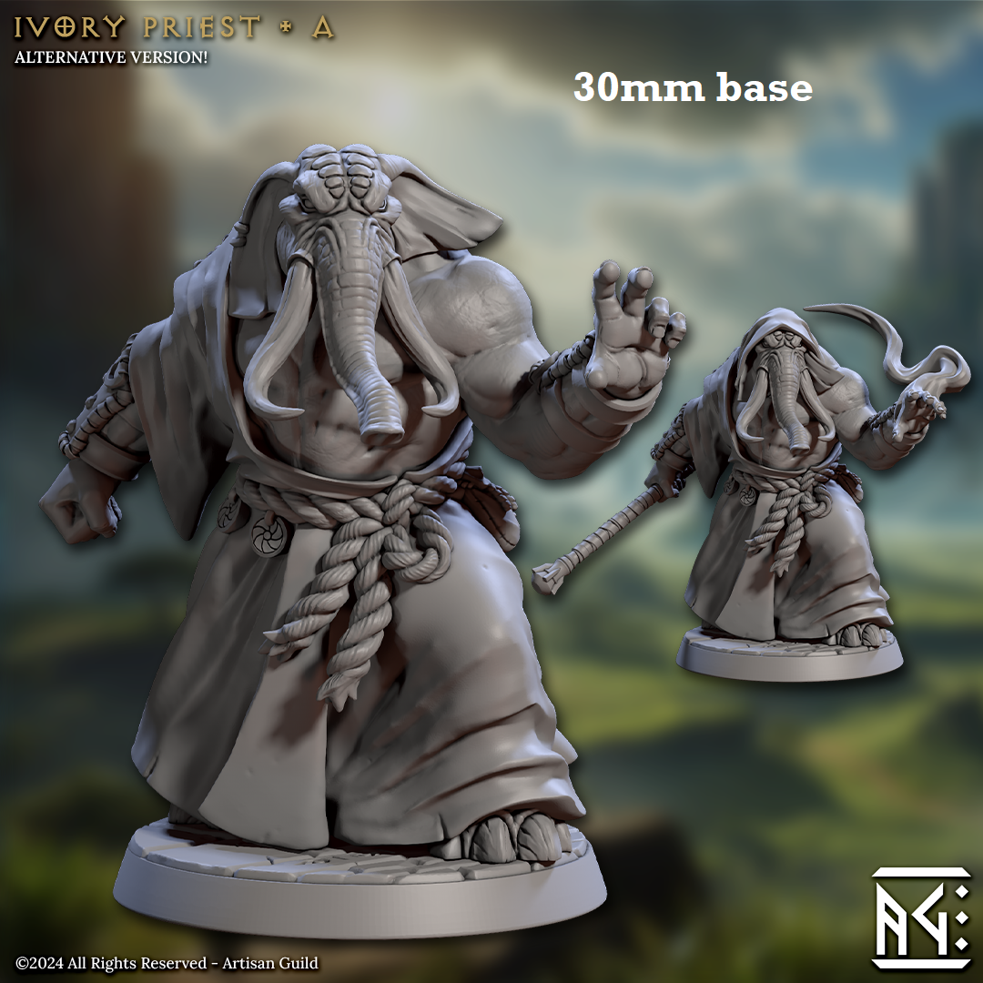 Image shows 3D renders of two different sculpt options for a loxodon monk gaming miniature