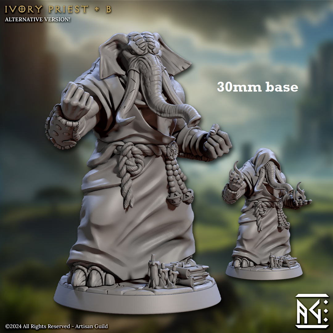 Image shows 3D renders of two different sculpt options for a loxodon monk gaming miniature