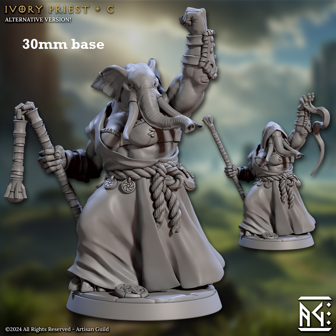 Image shows 3D renders of two different sculpt options for a loxodon monk gaming miniature