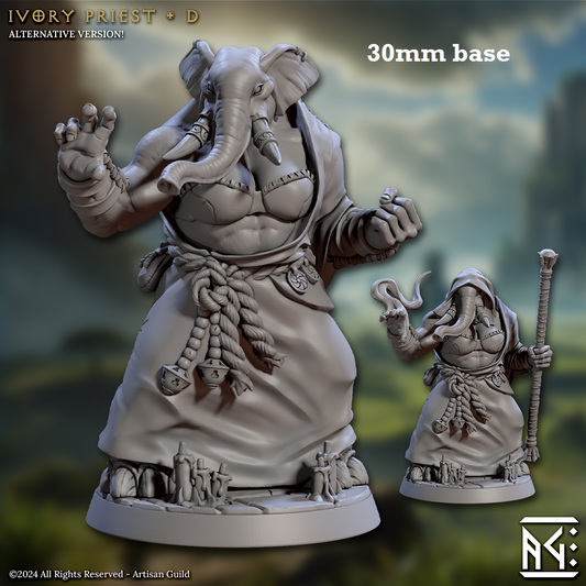 Image shows 3D renders of two different sculpt options for a loxodon monk gaming miniature