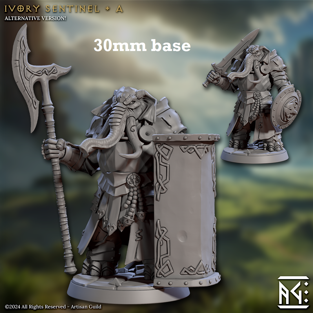 Image shows 3D renders of two different sculpt options for a loxodon warrior gaming miniature