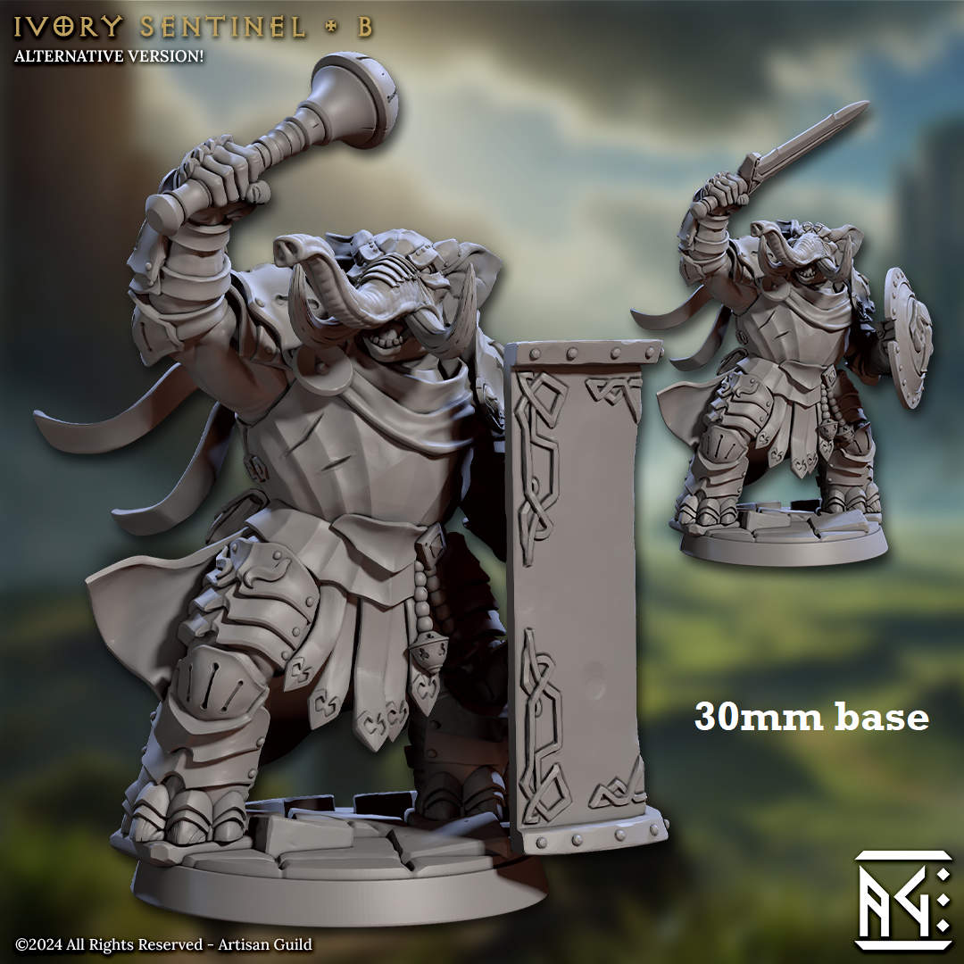 Image shows 3D renders of two different sculpt options for a loxodon warrior gaming miniature