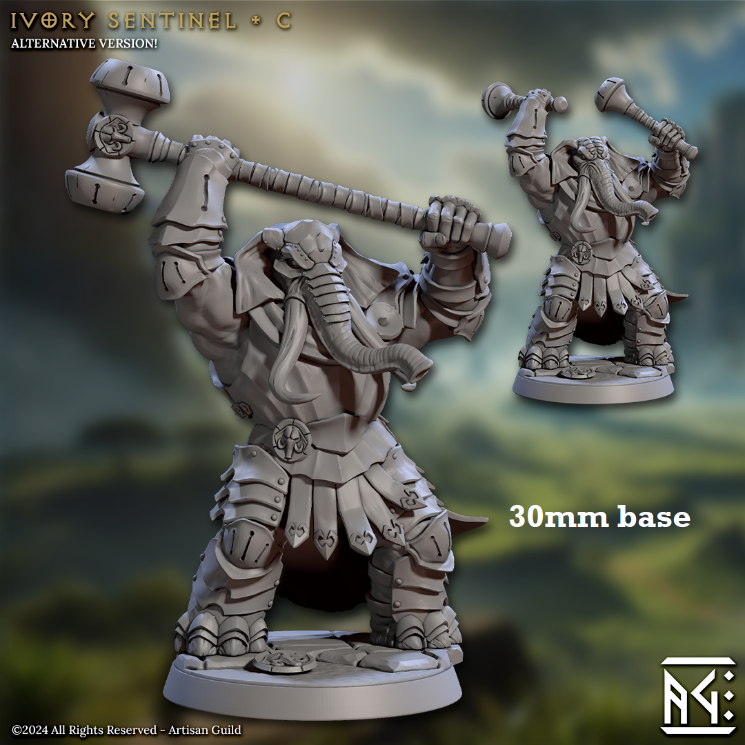 Image shows 3D renders of two different sculpt options for a loxodon warrior gaming miniature