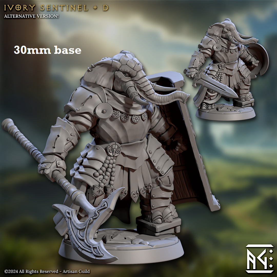 Image shows 3D renders of two different sculpt options for a loxodon warrior gaming miniature