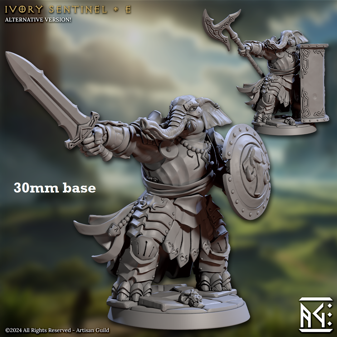 Image shows 3D renders of two different sculpt options for a loxodon warrior gaming miniature