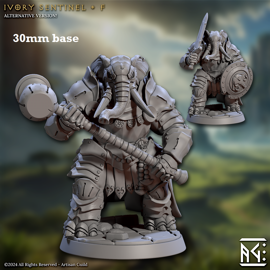 Image shows 3D renders of two different sculpt options for a loxodon warrior gaming miniature