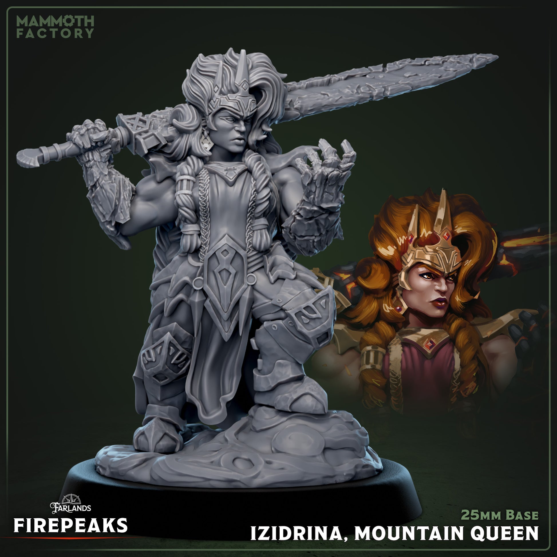Image shows a 3D render of a dwarf warrior queen gaming miniature.