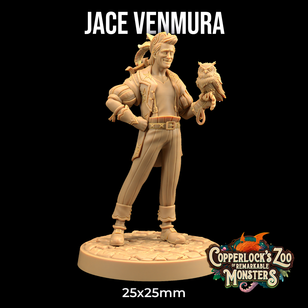 Image shows a 3D render of a human bard beastmaster gaming miniature