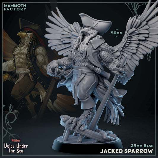 Image shows a 3D render of a birdfolk pirate gaming miniature.