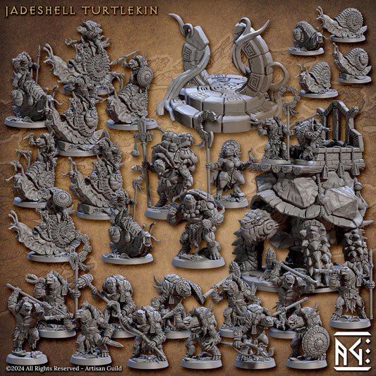 Image displays the variety of miniatures included in Artisan Guild's Jadeshell Turtlekin set