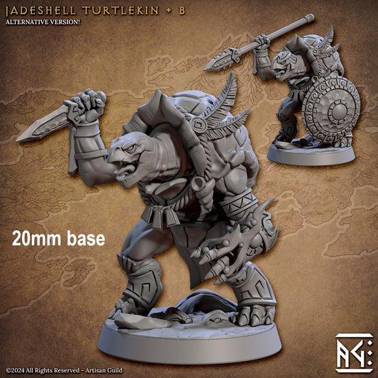 Image shows an 3D render of two options for a warrior turtle gaming miniatures, one holding a dagger and one holding a spear & shield wearing a helmet