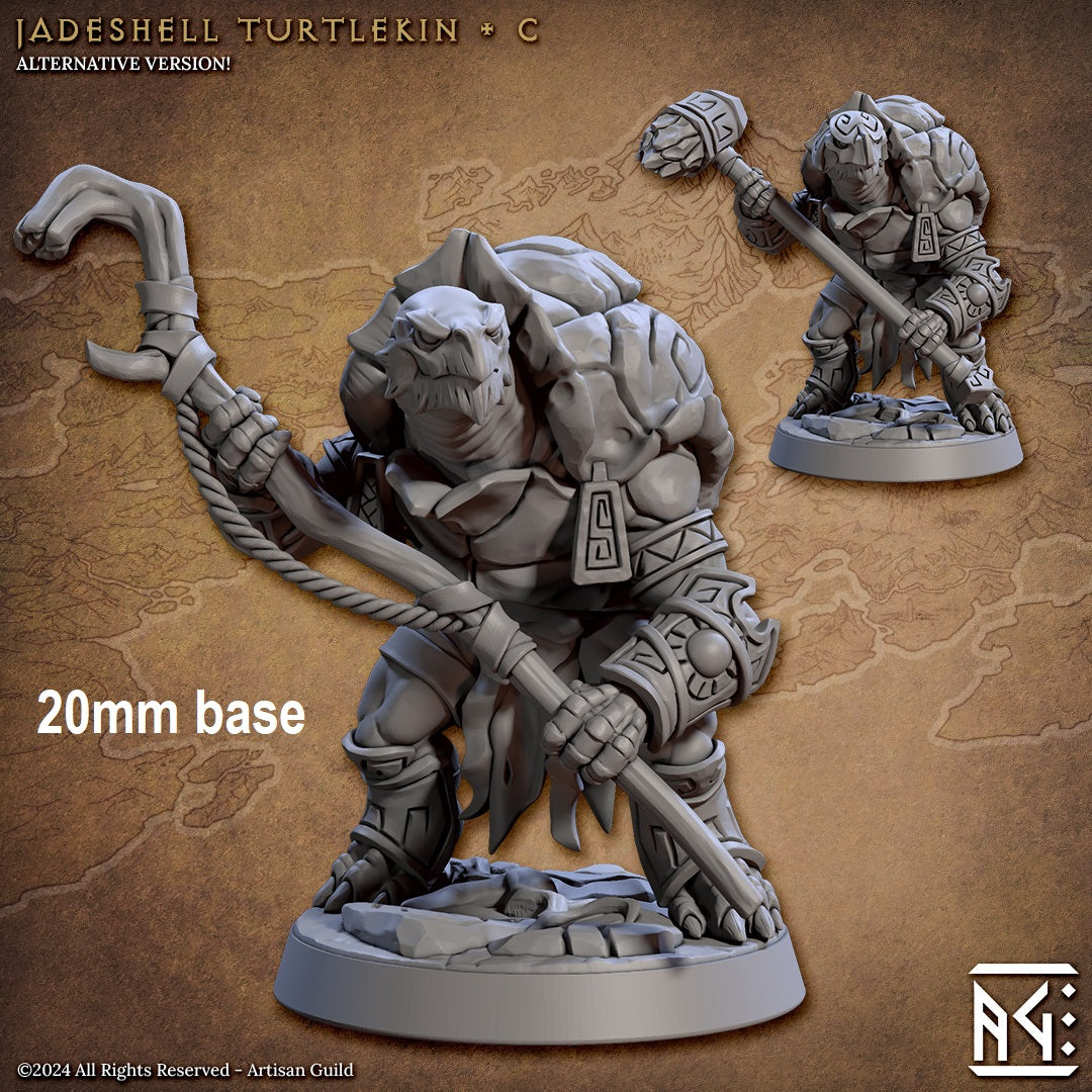 Image shows an 3D render of two options for a warrior turtle gaming miniatures, one holding a staff and one holding a warhammer wearing a helmet