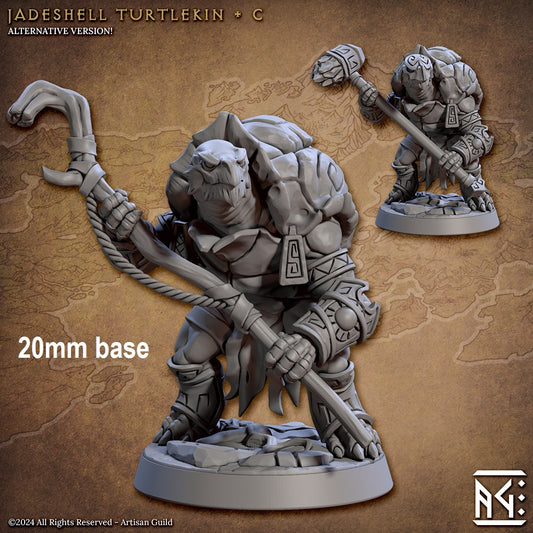 Image shows an 3D render of two options for a warrior turtle gaming miniatures, one holding a staff and one holding a warhammer wearing a helmet