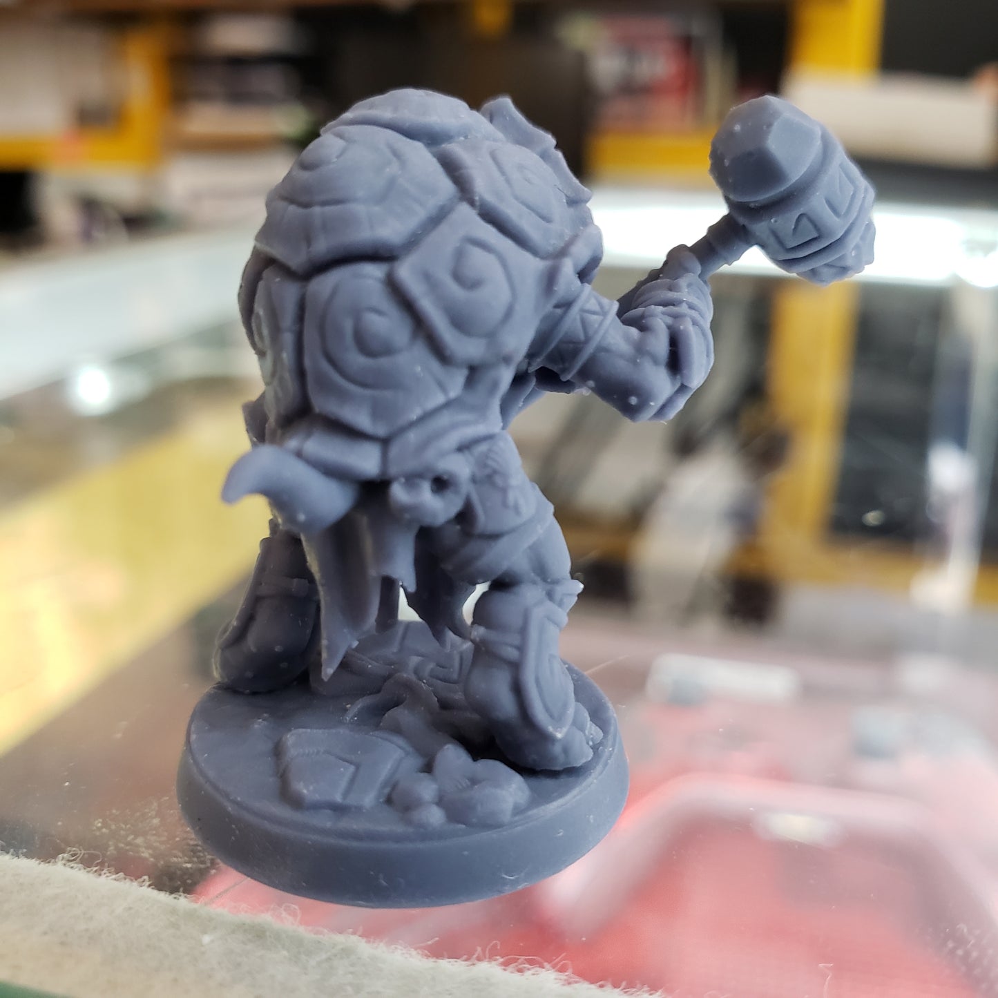 Image shows an example of a 3D printed turtle warrior gaming miniature printed in-house at All Systems Go