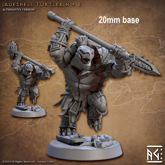 Image shows an 3D render of two options for a warrior turtle gaming miniatures, one holding a spear and one holding a warhammer wearing a helmet