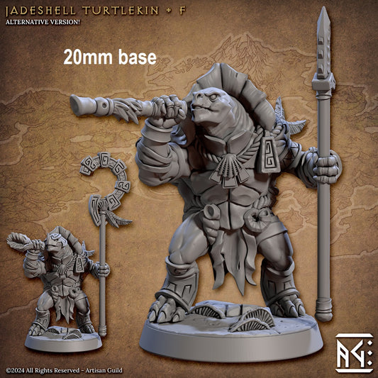 Image shows an 3D render of two options for a warrior turtle gaming miniatures, one holding a blowgun & spear and one holding a conch shell & staff wearing a helmet
