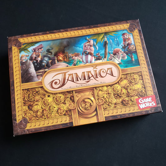 Image shows the front cover of the box of the Jamaica board game