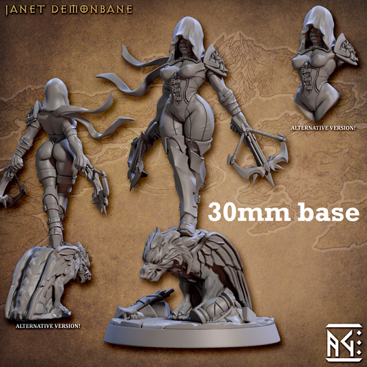 Image shows 3D renders of two sculpt options for a human hunter gaming miniature.
