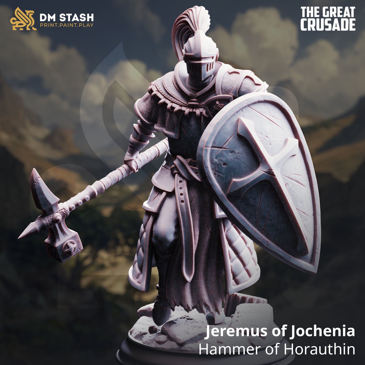 Image shows a 3D render of a human paladin gaming miniature.