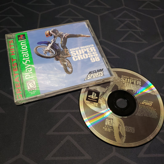 Image shows the jewel case with manual and disc for the video game Jeremy McGrath Supercross 98 for Playstation 1