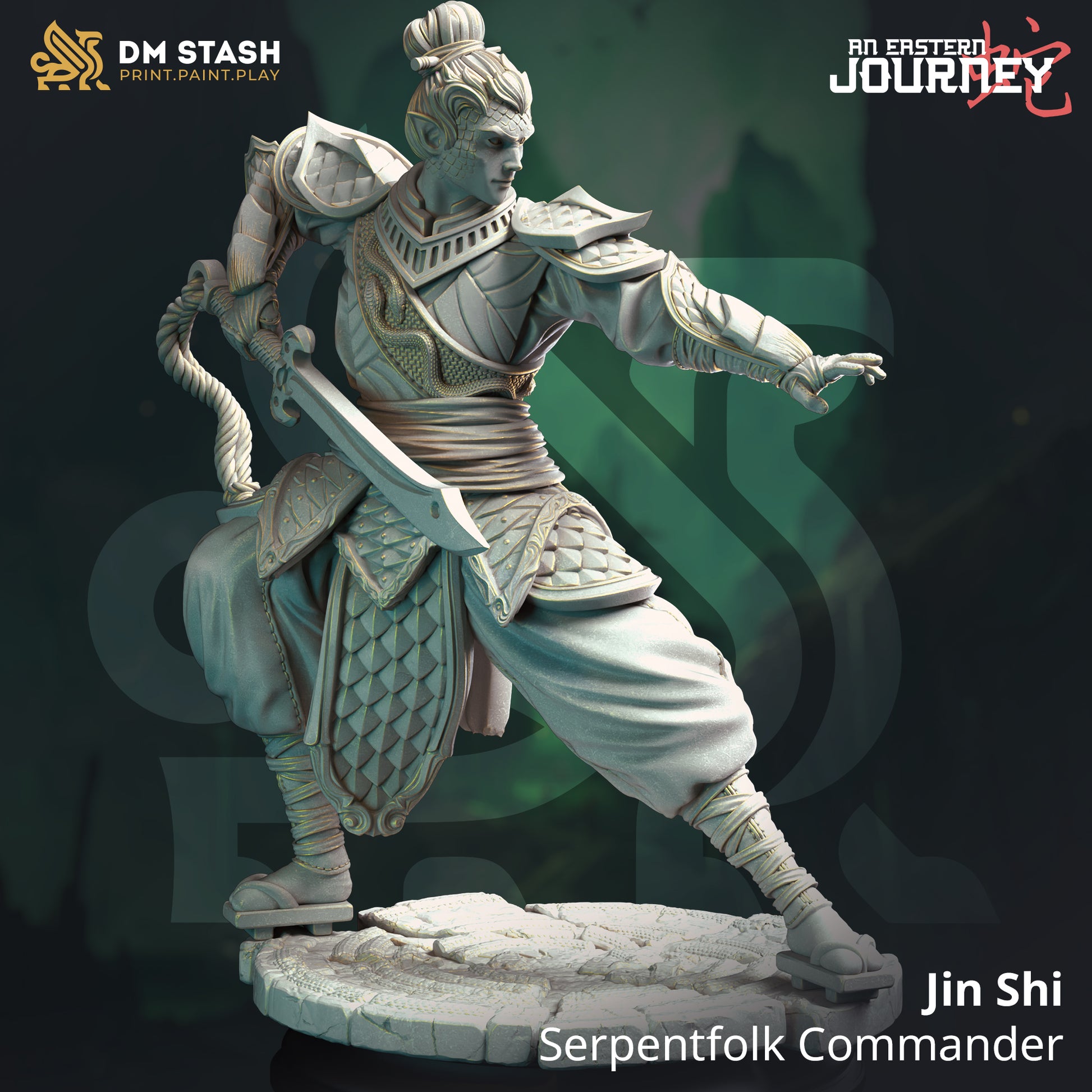 Image shows a 3D render of a pureblood yuan-ti fighter gaming miniature