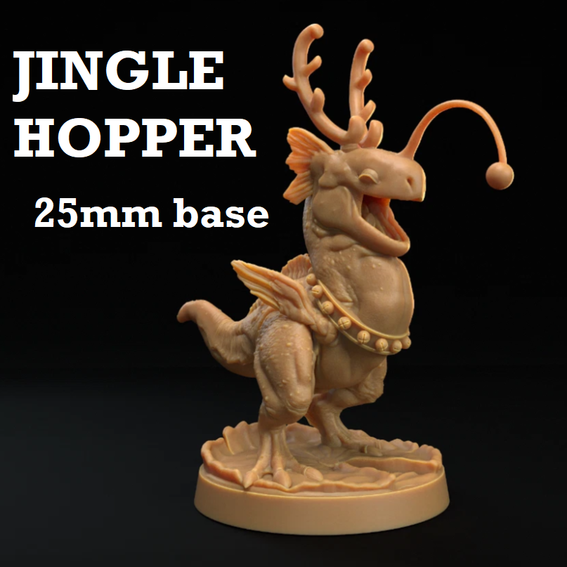 Image shows a 3D render of a holiday dinosaur gaming miniature.