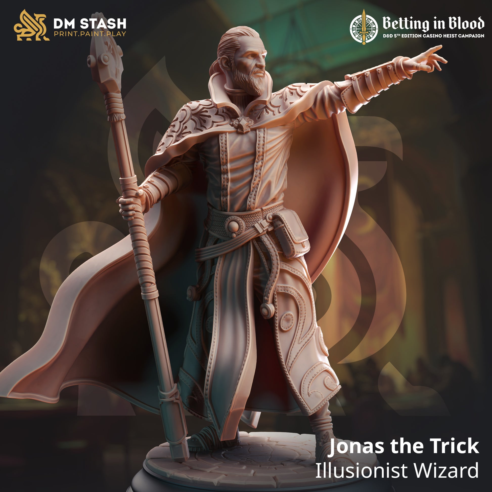 Image shows a 3D render of a human wizard gaming miniature