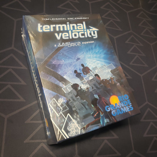 Image shows the front cover of the box of the Terminal Velocity expansion for the card game Jump Drive
