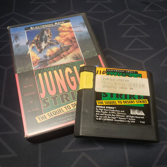 Image shows the case and cartridge for the video game Jungle Strike for Sega Genesis