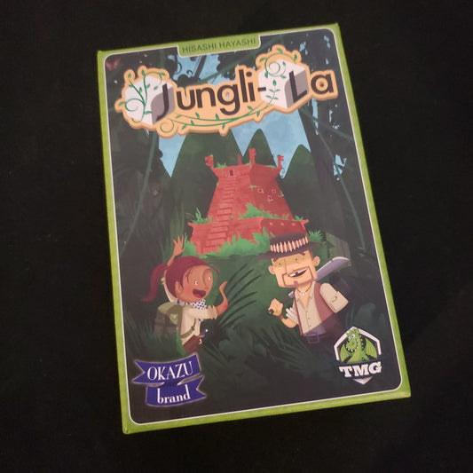 Image shows the front cover of the box of the Jungli-La board game