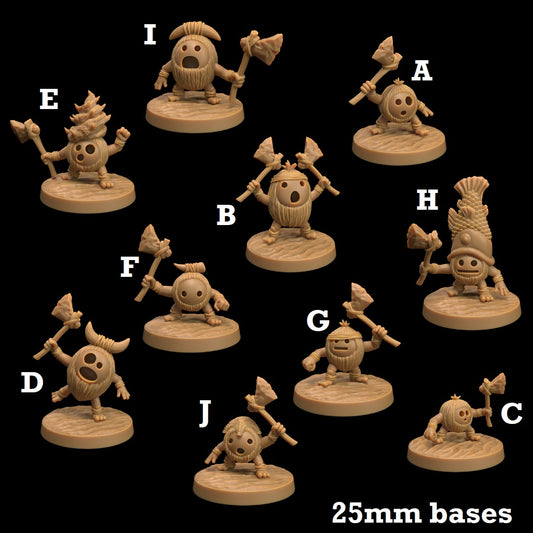 Image shows 3D renders for ten different sculpt options of a coconut warrior with axe gaming miniature.