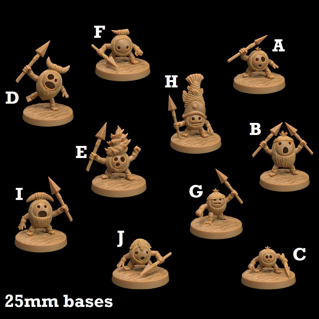 Image shows 3D renders for ten different sculpt options of a coconut warrior with spear gaming miniature.