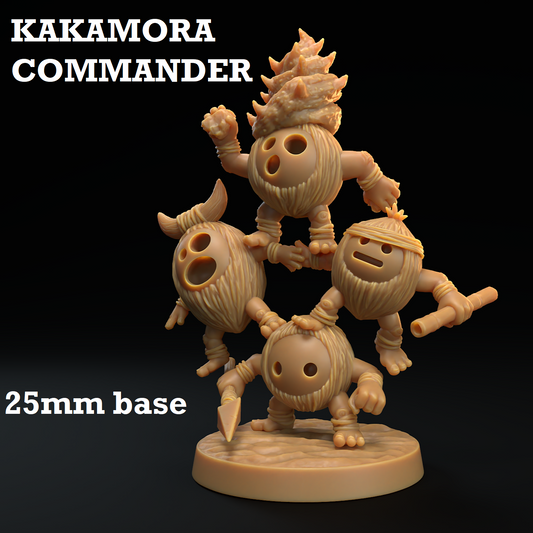 Image shows a 3D render of a gaming miniature of four coconut warriors stand on one another
