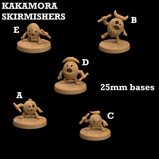 Image shows 3D renders for five different sculpt options of a coconut warrior with a blowgun gaming miniature.