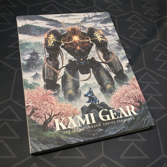 Image shows the front cover of the Kami Gear: The Iron-Tongued Engine Expanded roleplaying game book