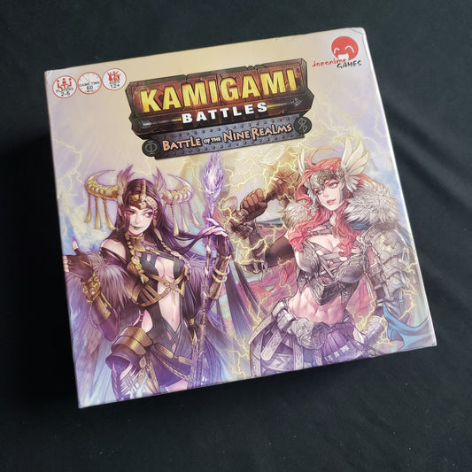Image shows the front cover of the box of the Kamigami Battles: Battle of the Nine Realms card game