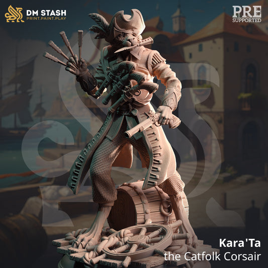 Image shows a 3D render of a tabaxi pirate gaming miniature holding several throwing knives and a flintlock