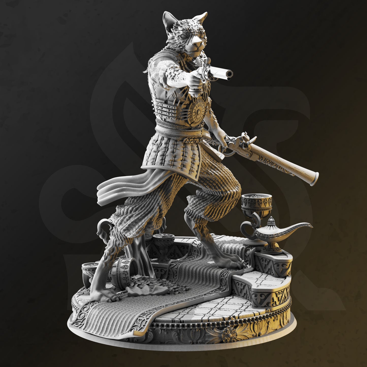 Image shows an 3D render of a tabaxi gunslinger gaming miniature, holding two flintlock pistols