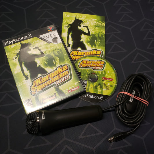 Image shows the case, manual, microphone and disc for the video game Karaoke Revolution: Party for Playstation 2