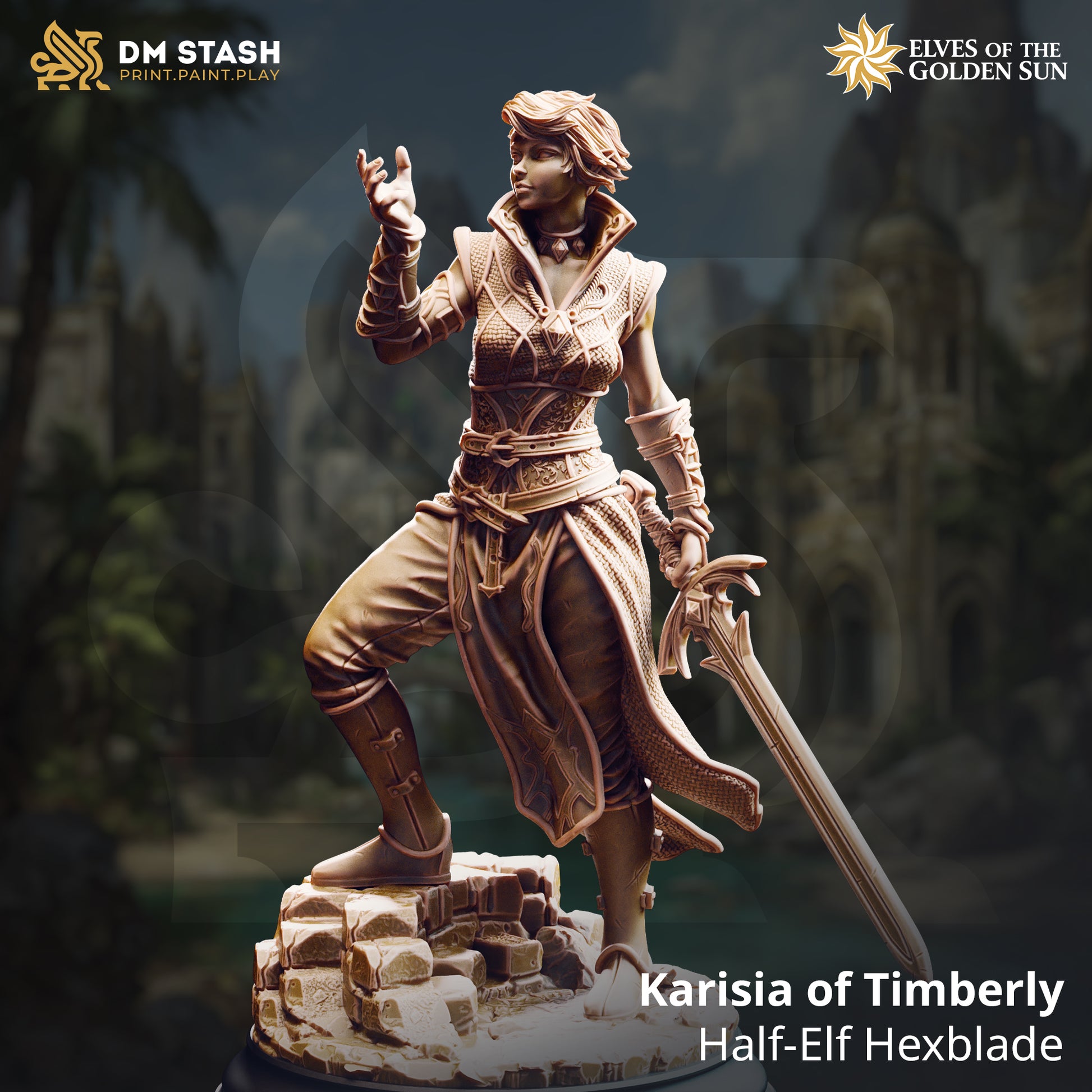 Image shows a 3D render of a half-elf hexblade gaming miniature.