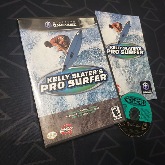 Image shows the case, manual and disc for the video game Kelly Slater's Pro Surfer for Nintendo GameCube