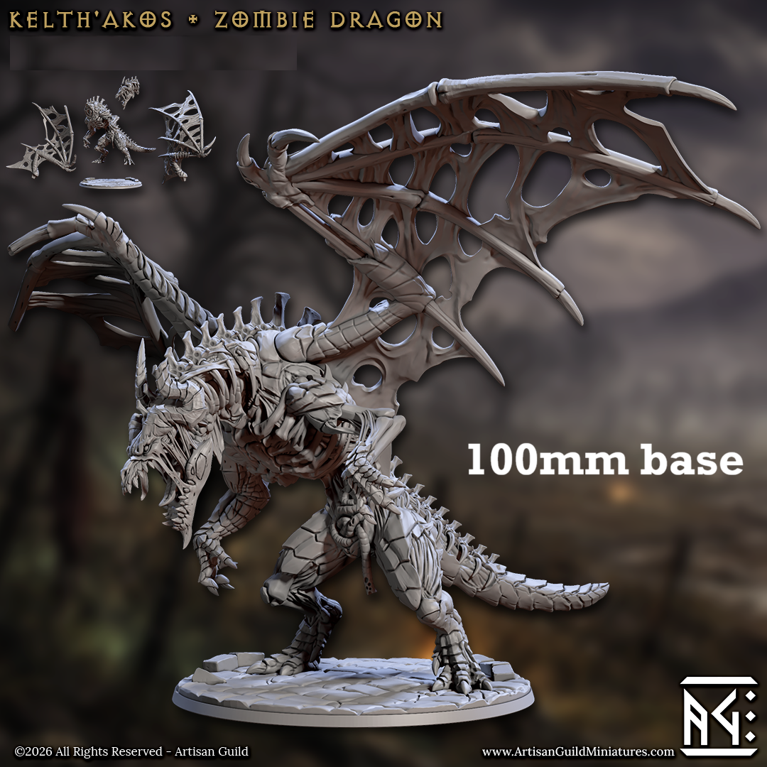 Image shows a 3D render of a zombie dragon gaming miniature.